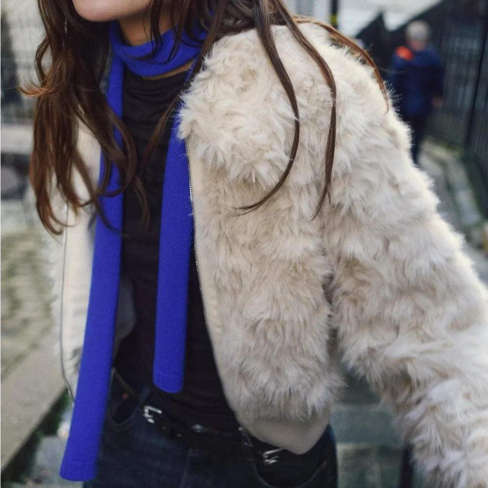 Zara Faux Fur Bomber NWT Jacket Ecru 3046/028/712 Cream XS mob wife old money - Picture 6 of 17